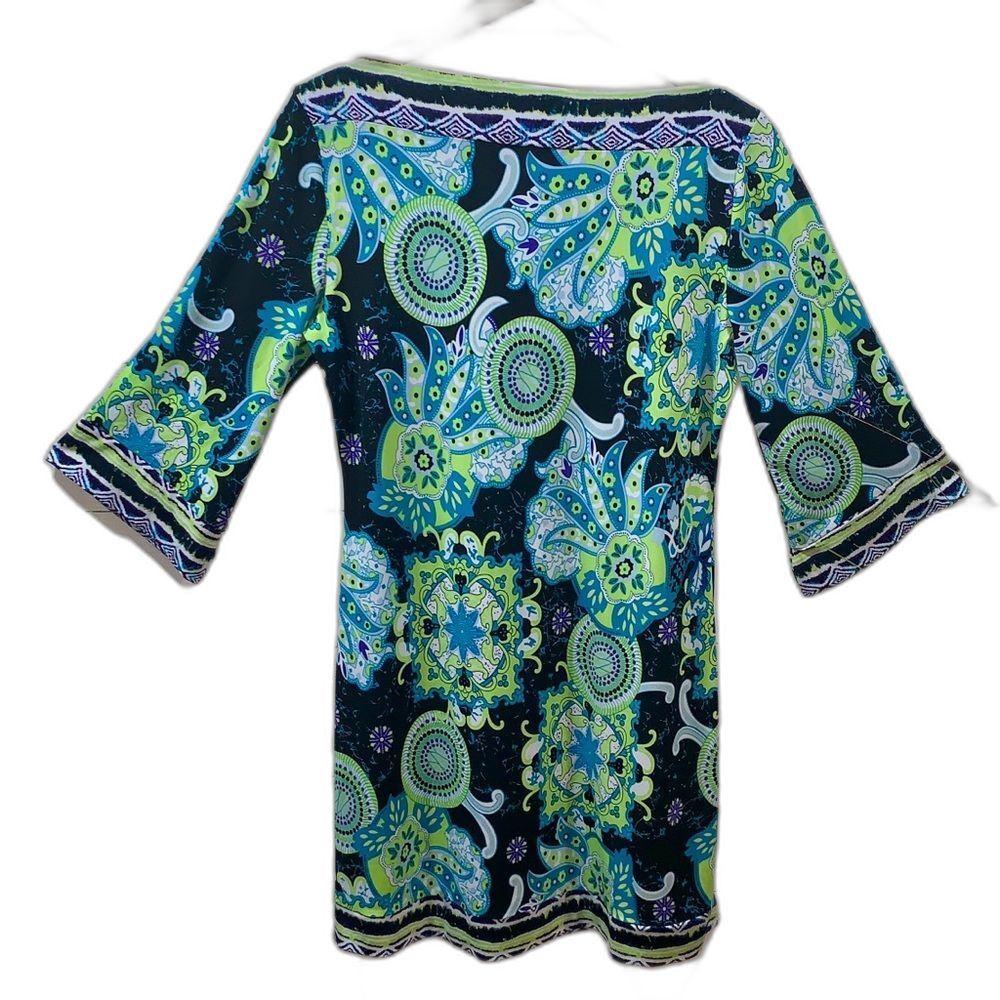 Cato Large Paisley Shift Dress Blue Green Boho 3/4 Sleeve Tunic Mini Dress - Picture 2 of 4